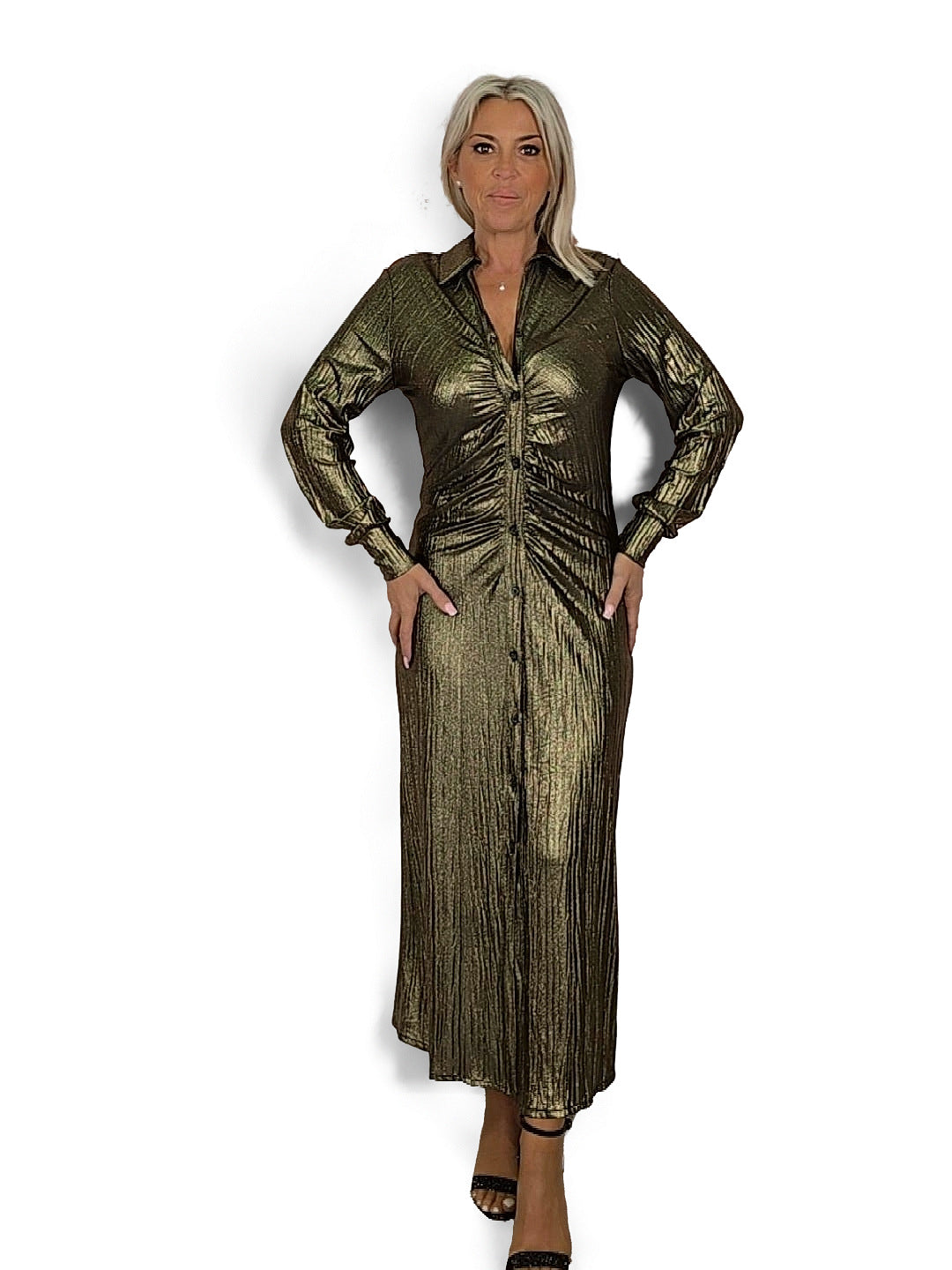 VESTIDO LONGO COM FOLHO E BRILHO METÁLICO JOT