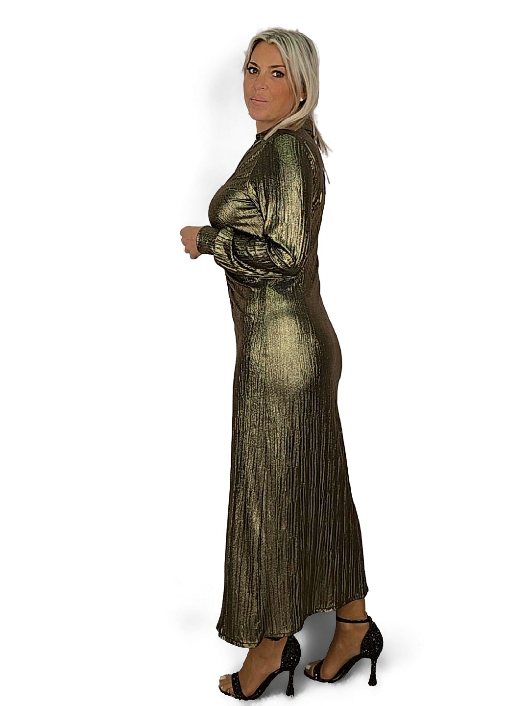 VESTIDO LONGO COM FOLHO E BRILHO METÁLICO JOT