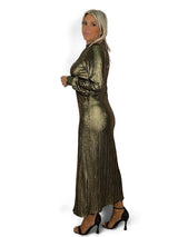 VESTIDO LONGO COM FOLHO E BRILHO METÁLICO JOT