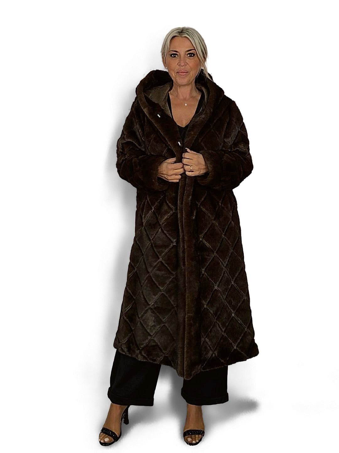 Manteau en similicuir à motif losanges avec capuche