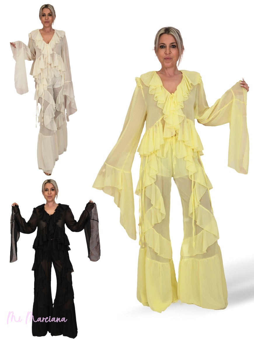 Completo composto da camicetta in chiffon e pantaloni con volant