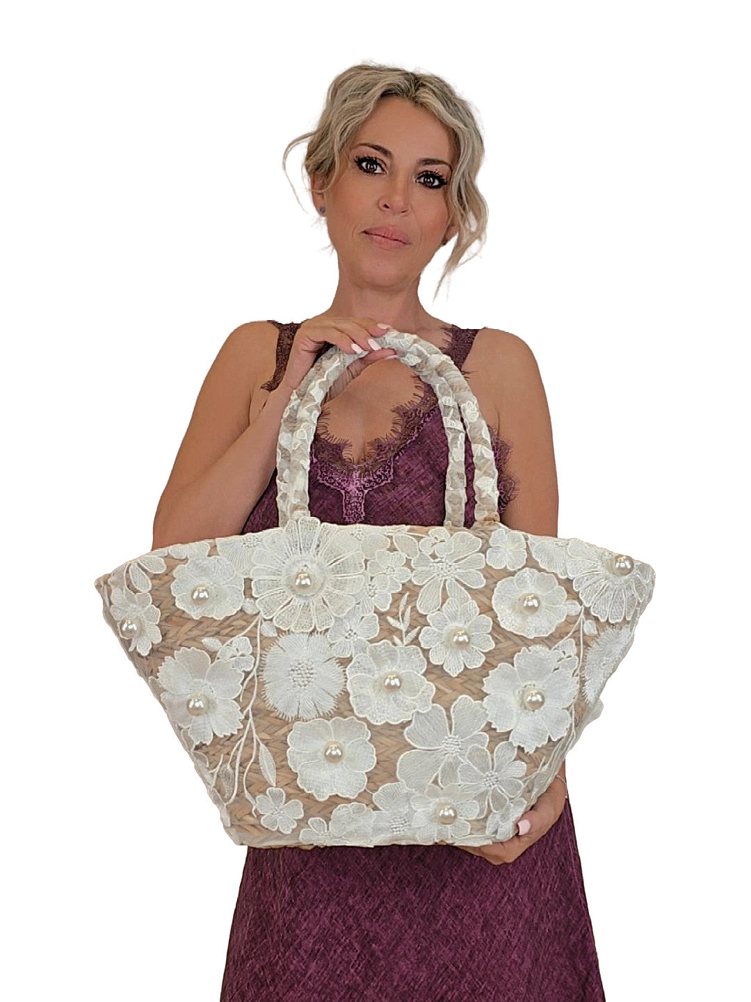 CESTA GRANDE COM FLORES E PÉROLAS