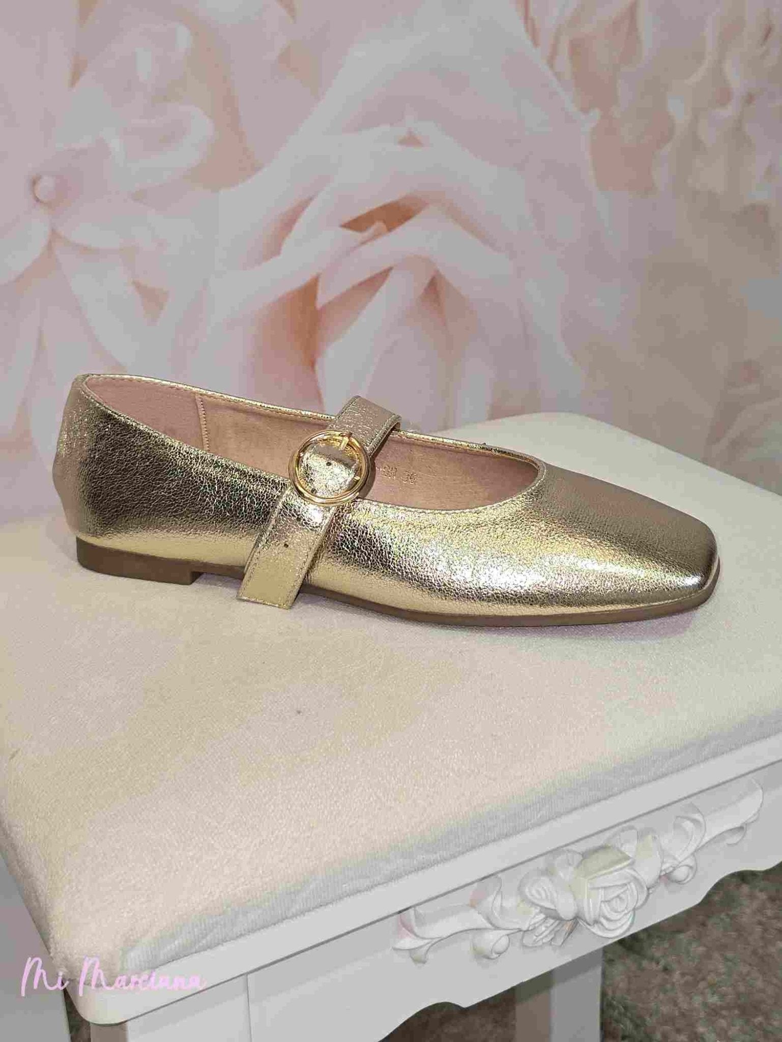 BAILARINAS DORADAS METALIZADO CON HEBILLA - Mi Marciana