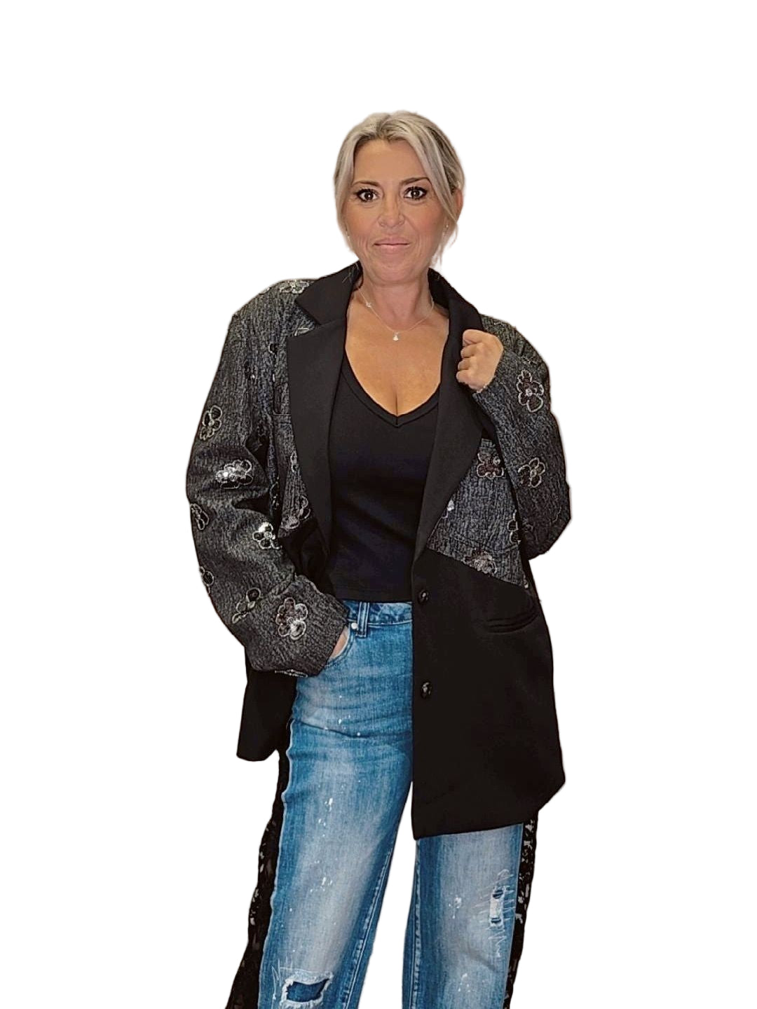 BLAZER OVERSIZE COMBINADA DENIM LENTEJUELAS JOT - Mi Marciana