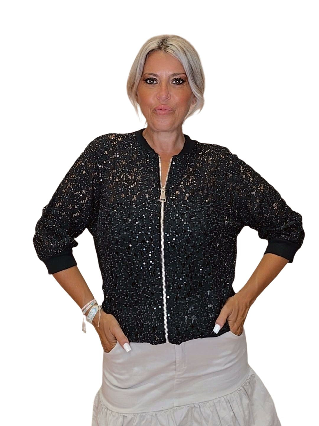 BOMBER ENCAJE LENTEJUELAS