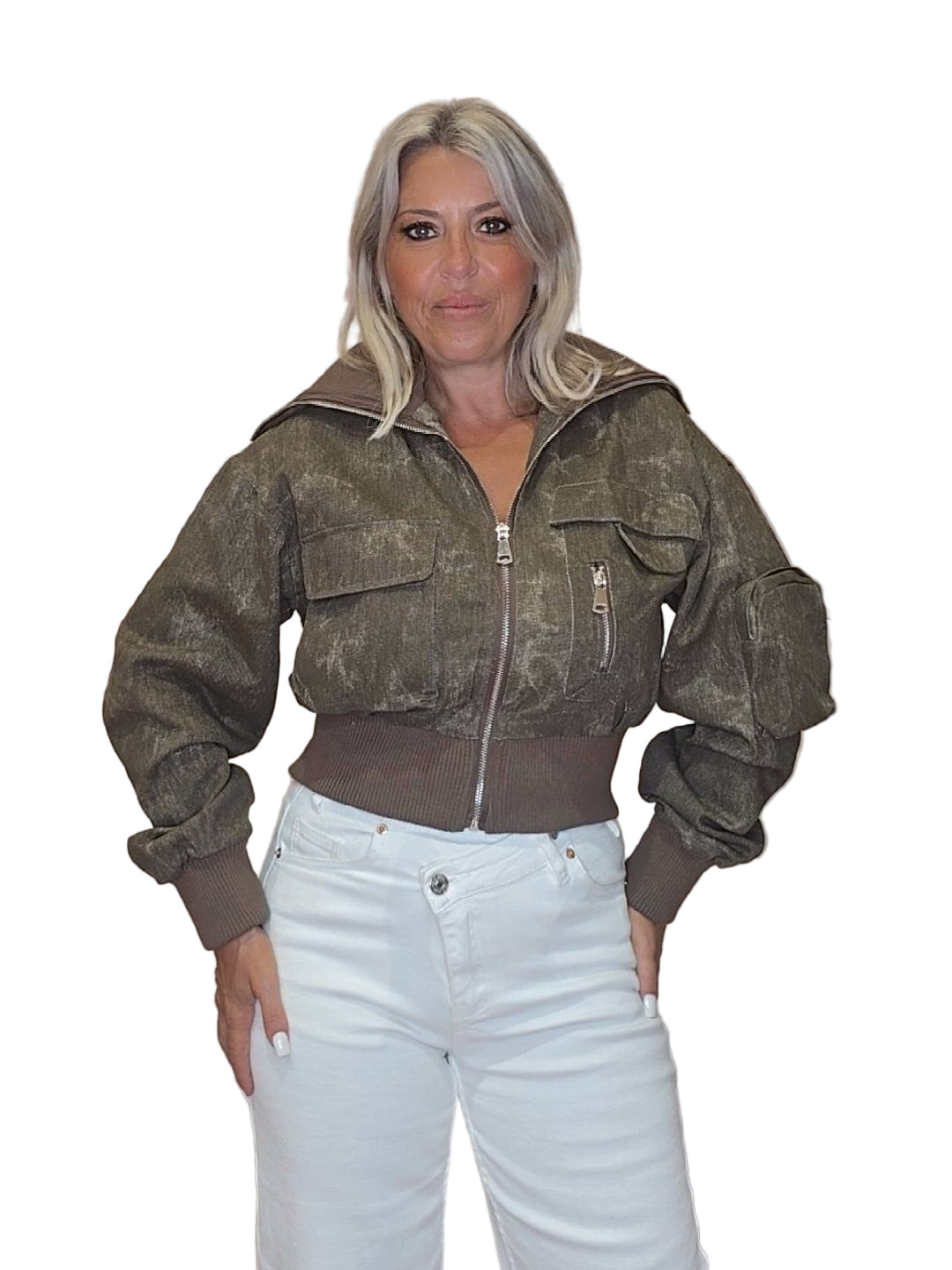 CHAQUETA DENIM LAVADA BOLSILLOS MARRÓN - Mi Marciana