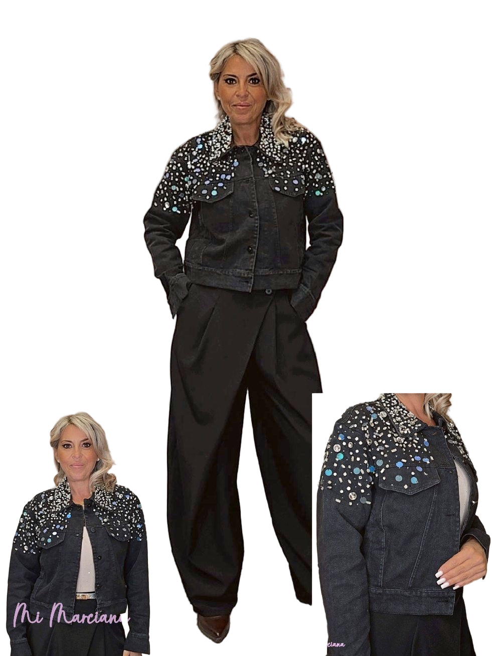 CHAQUETA VAQUERA NEGRA PIEDRAS CRISTAL JOT - Mi Marciana