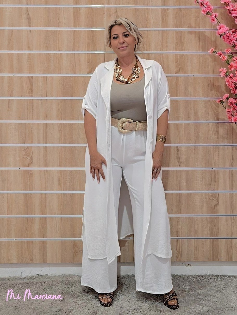 CONJUNTO CHAQUETA LARGA Y PANTALÓN BLANCO - Mi Marciana