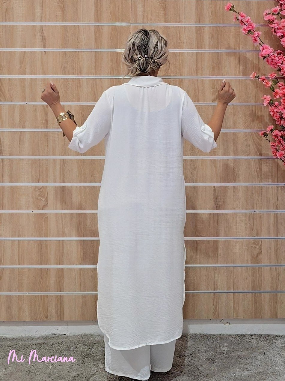 CONJUNTO CHAQUETA LARGA Y PANTALÓN BLANCO - Mi Marciana