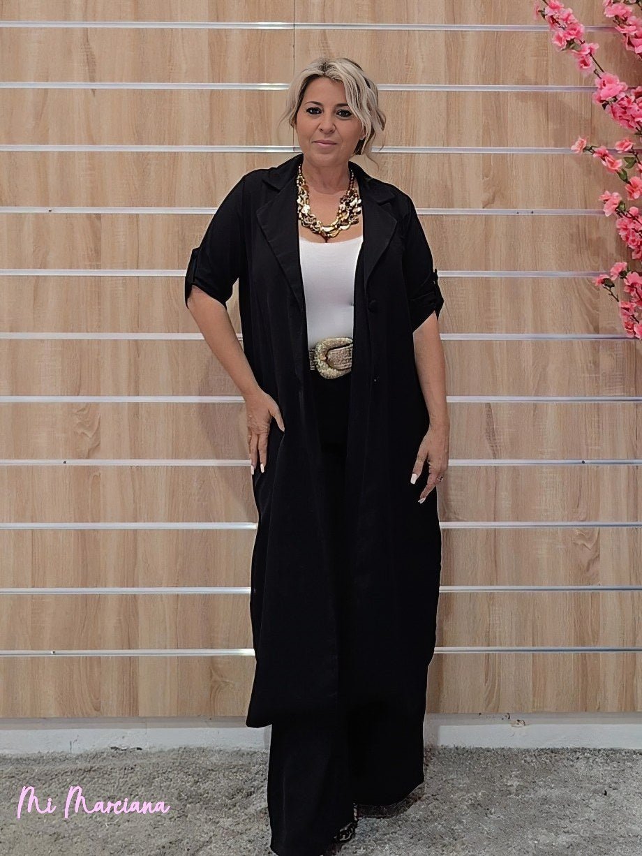 CONJUNTO CHAQUETA LARGA Y PANTALÓN NEGRO - Mi Marciana