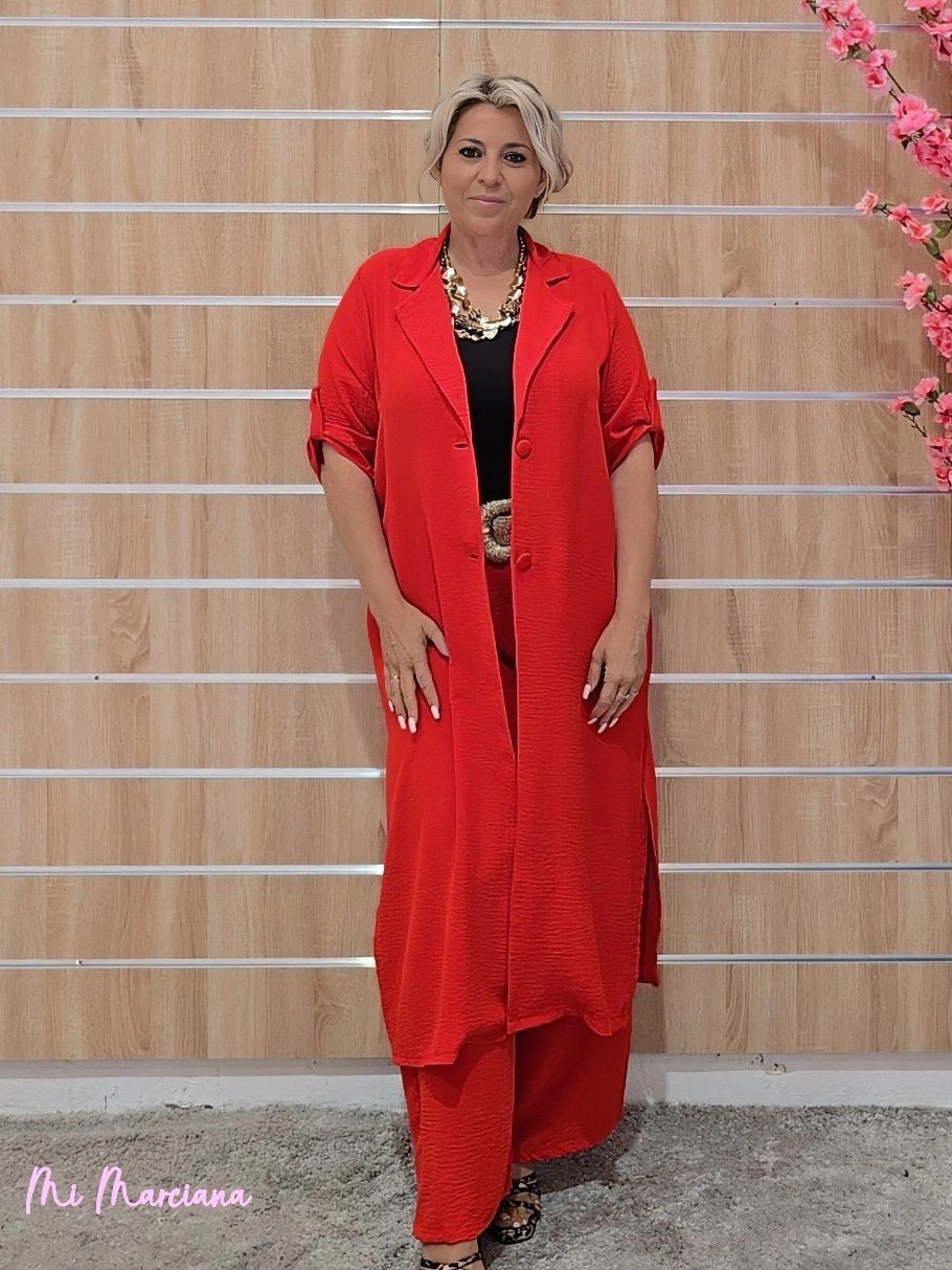 CONJUNTO CHAQUETA LARGA Y PANTALÓN ROJO - Mi Marciana