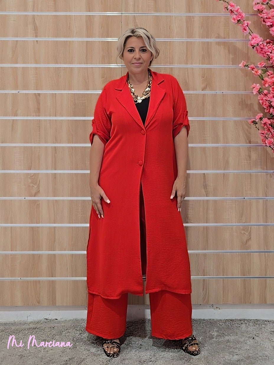 CONJUNTO CHAQUETA LARGA Y PANTALÓN ROJO - Mi Marciana