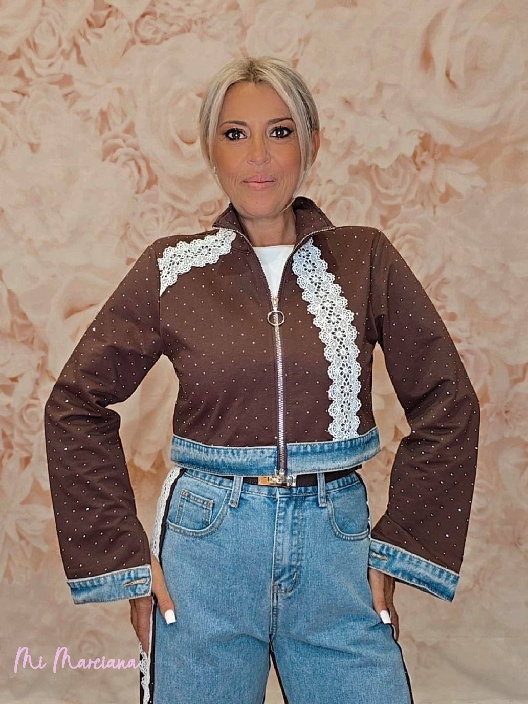 CONJUNTO DENIM STRASS ENCAJE - Mi Marciana