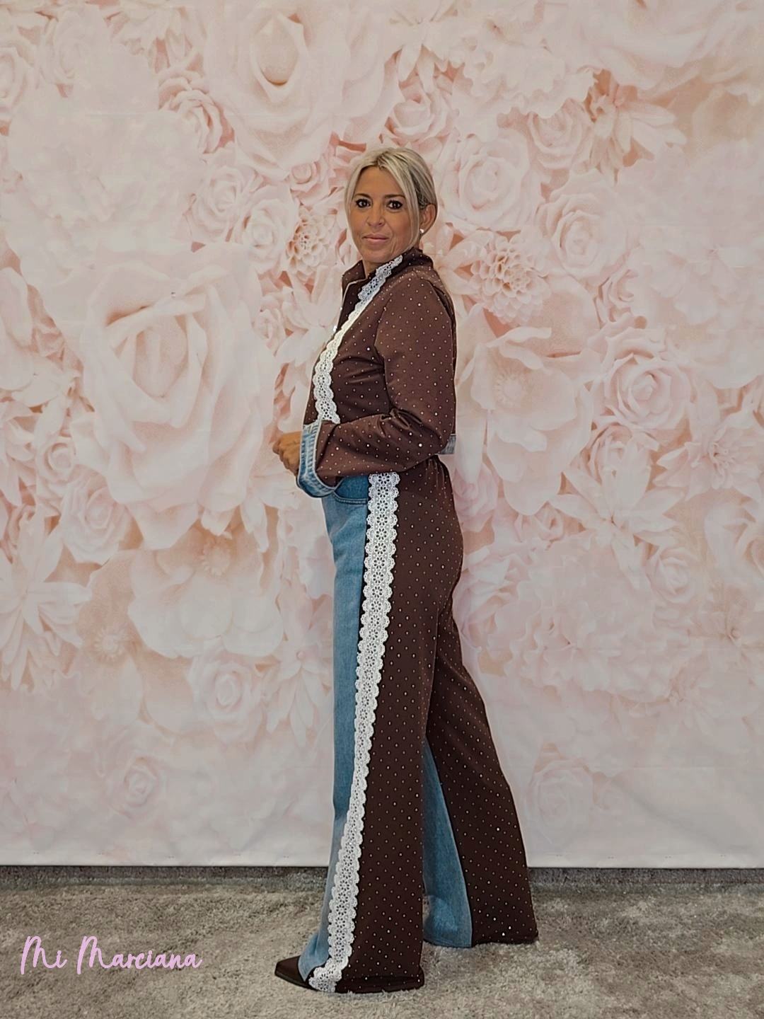 CONJUNTO DENIM STRASS ENCAJE - Mi Marciana