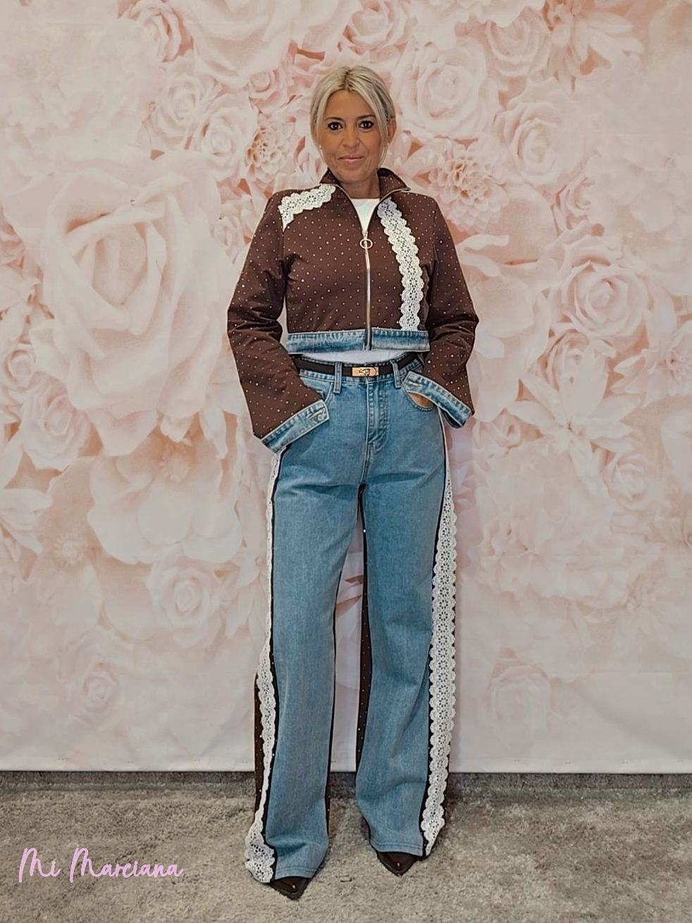 CONJUNTO DENIM STRASS ENCAJE - Mi Marciana