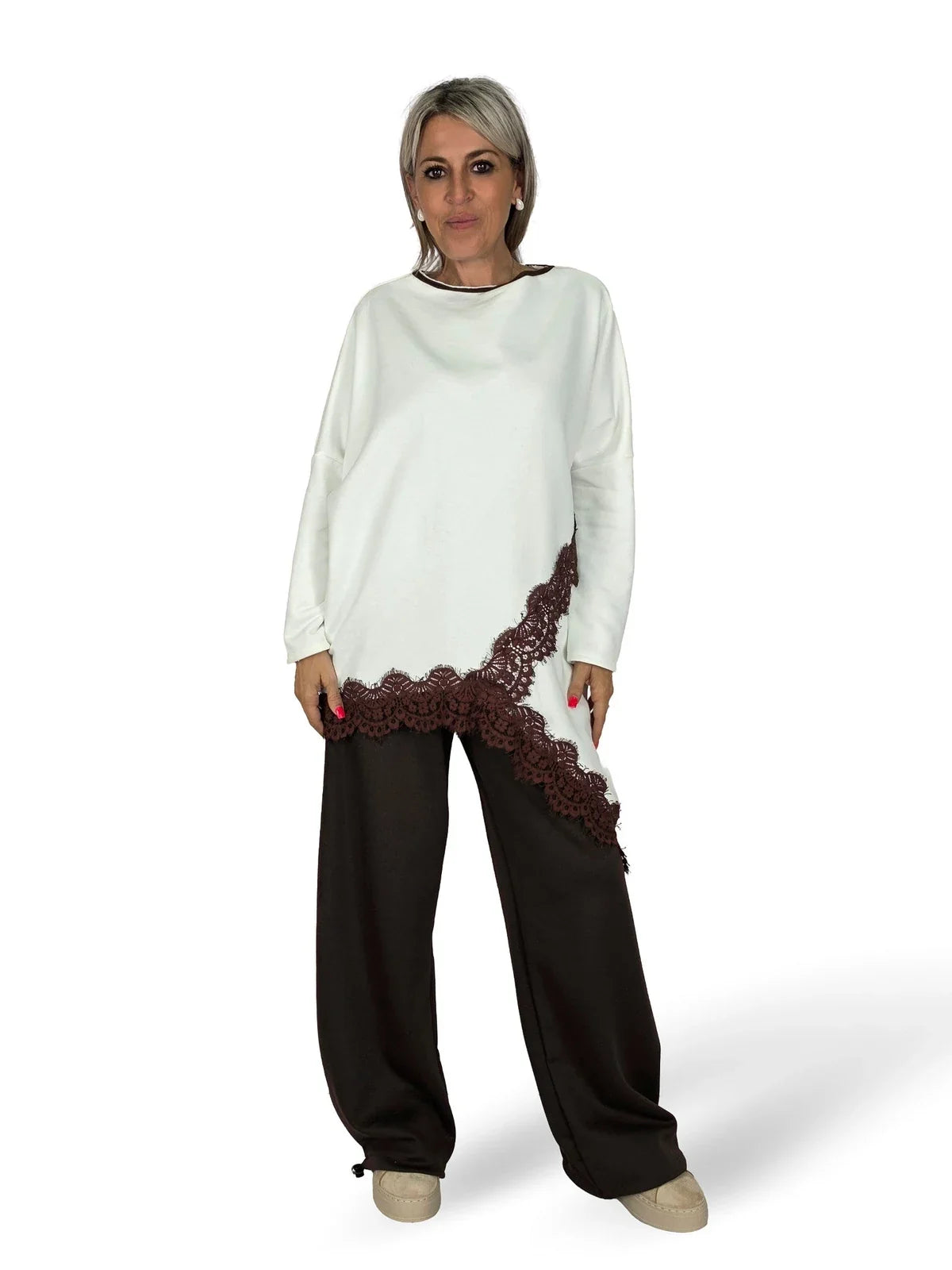 MAXI SUDADERA ASIMETRICA ENCAJE MARRON JOT  directo — portada web