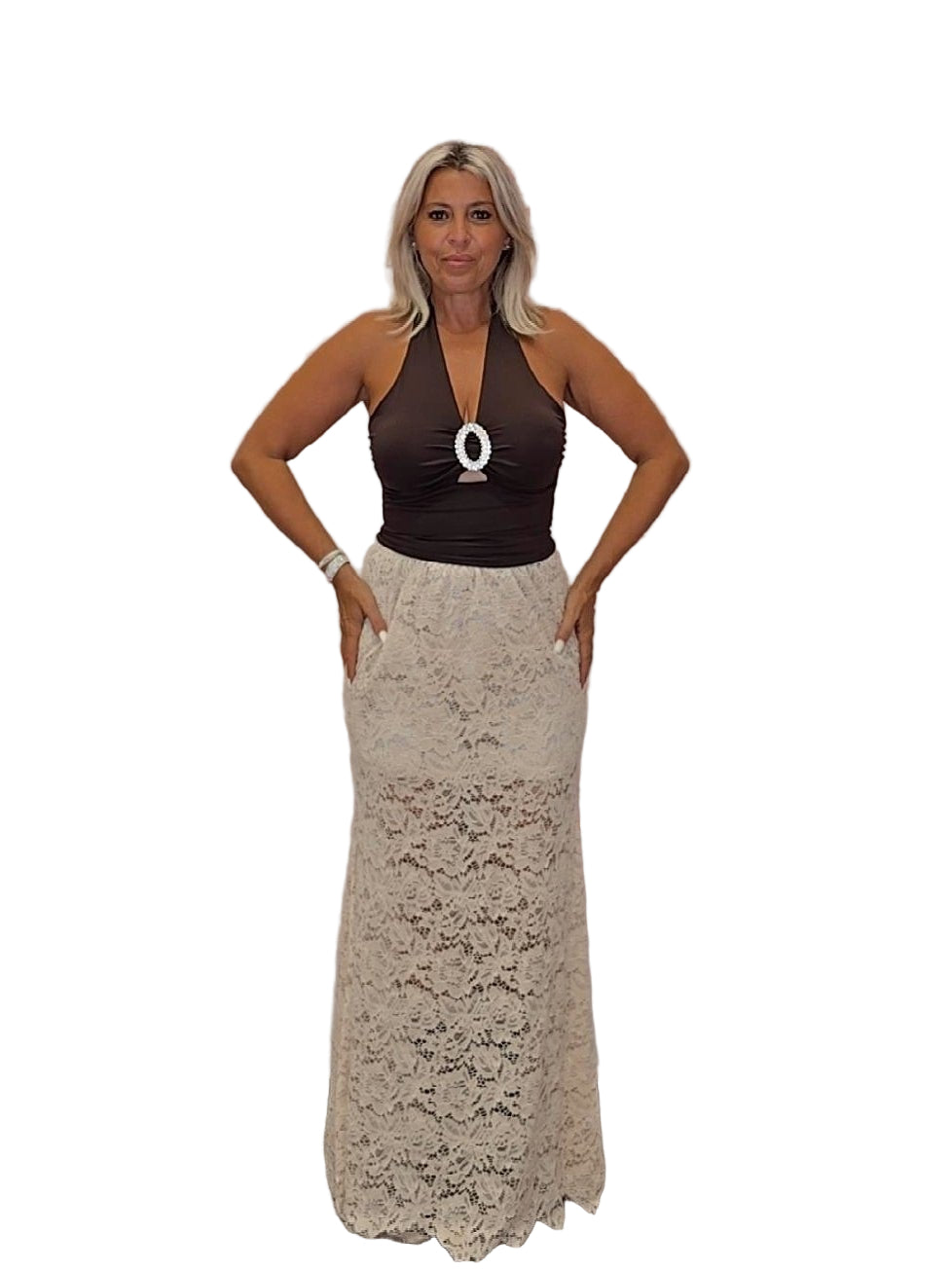 FALDA ENCAJE SIRENA BEIGE - Mi Marciana