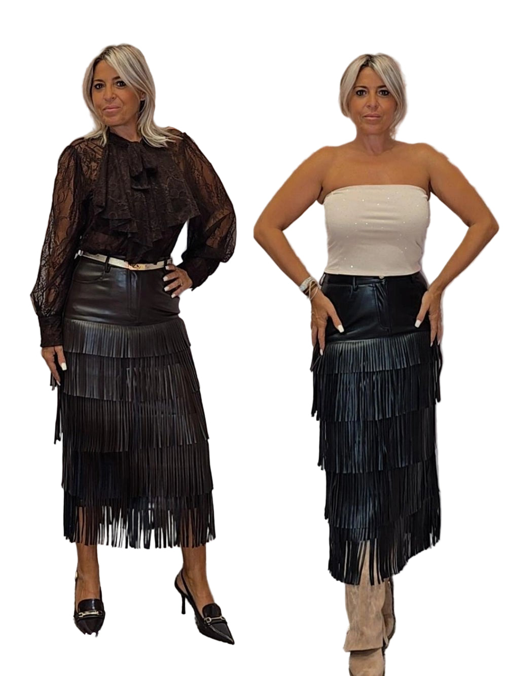 FALDA MIDI EFECTO PIEL CON FLECOS - Mi Marciana