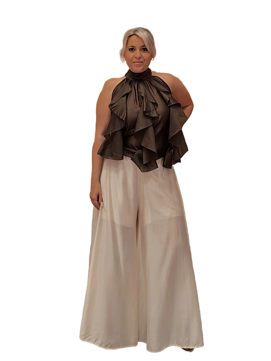 FALDA PANTALÓN ANCHO GASA TENCEL BEIGE - Mi Marciana