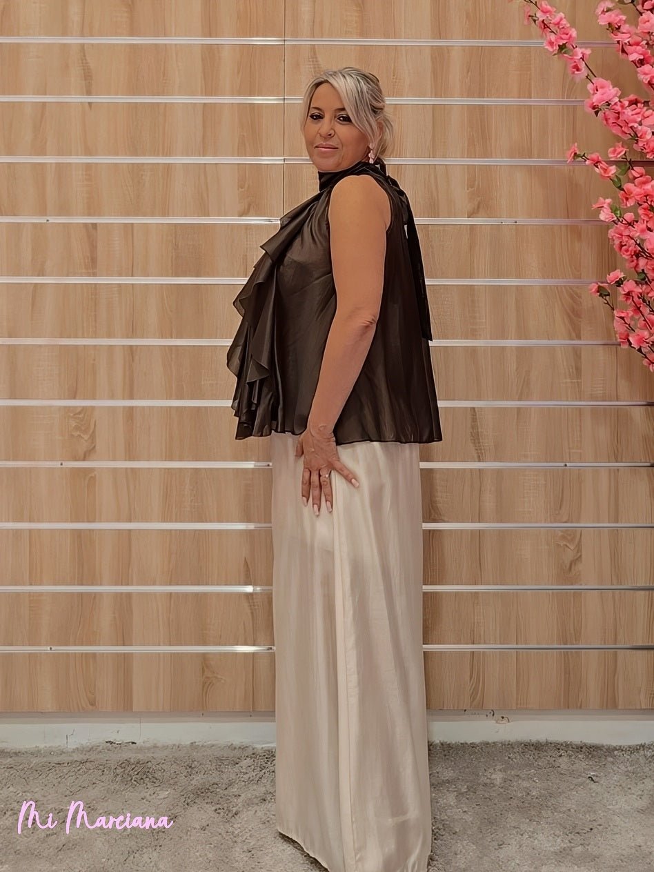 FALDA PANTALÓN ANCHO GASA TENCEL BEIGE - Mi Marciana