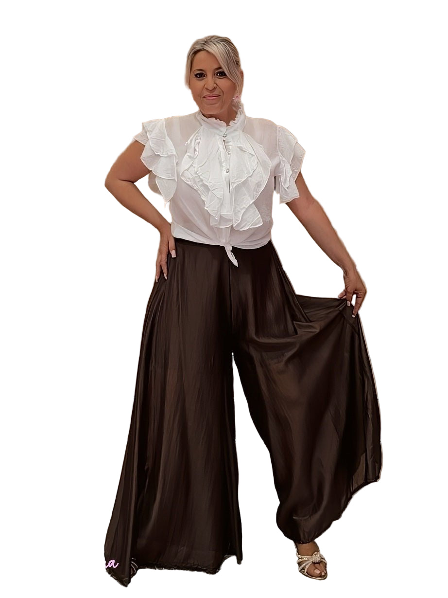 FALDA PANTALÓN ANCHO GASA TENCEL MARRÓN - Mi Marciana