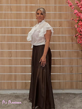 FALDA PANTALÓN ANCHO GASA TENCEL MARRÓN - Mi Marciana