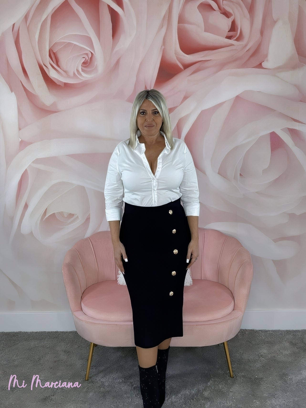 FALDA PUNTO MIDI BOTONES DORADOS - Mi Marciana