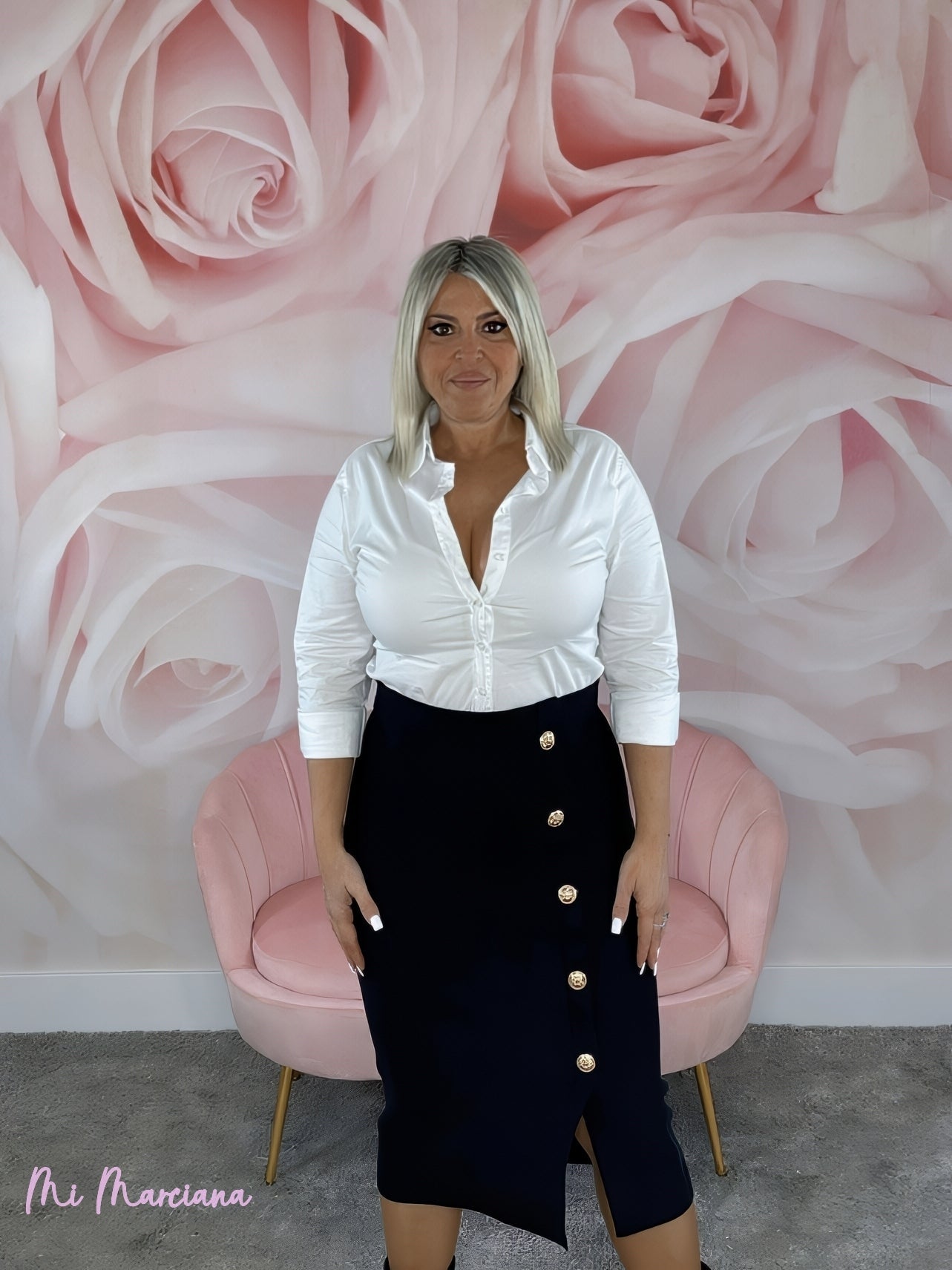 FALDA PUNTO MIDI BOTONES DORADOS - Mi Marciana