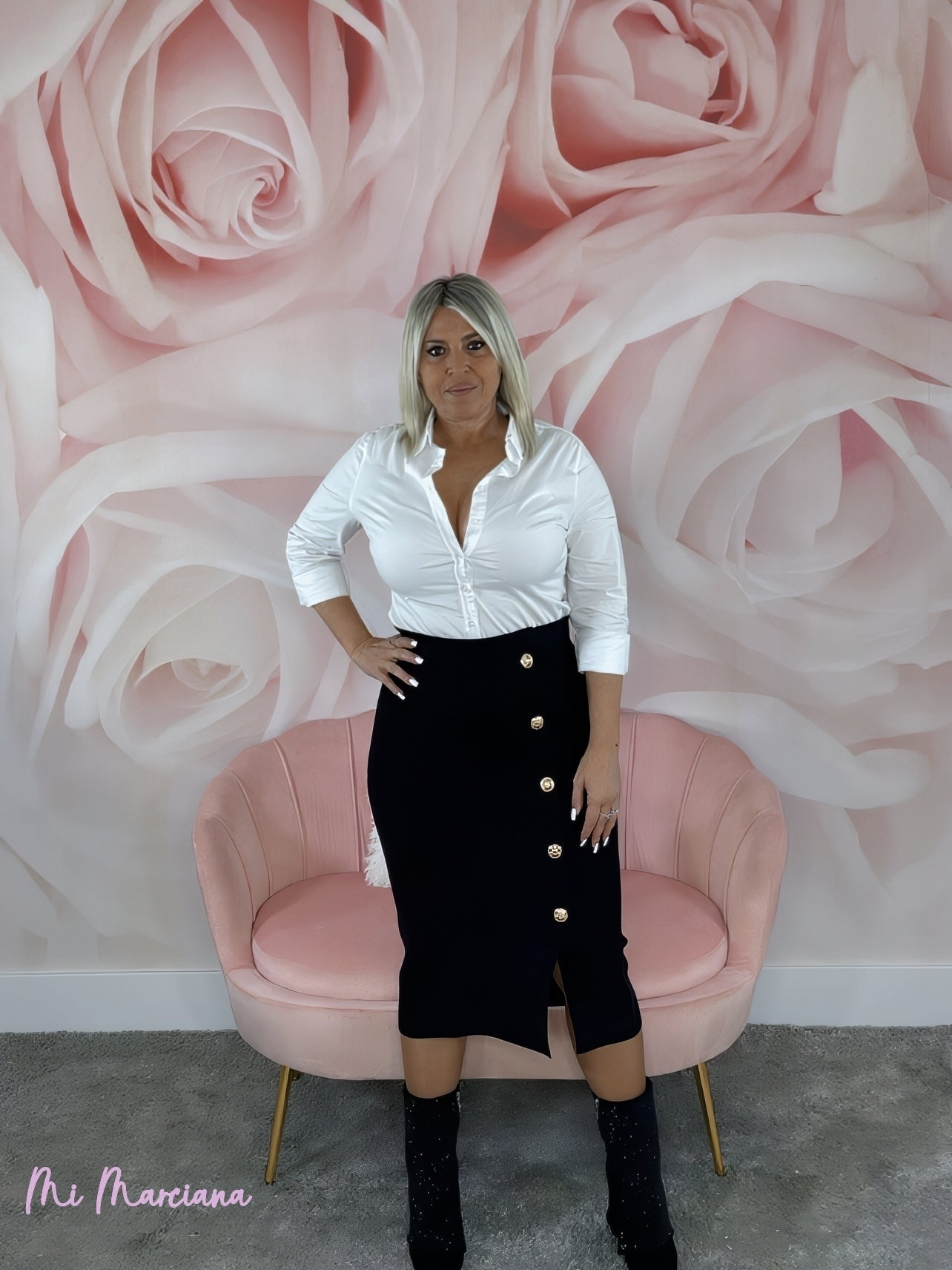 FALDA PUNTO MIDI BOTONES DORADOS - Mi Marciana