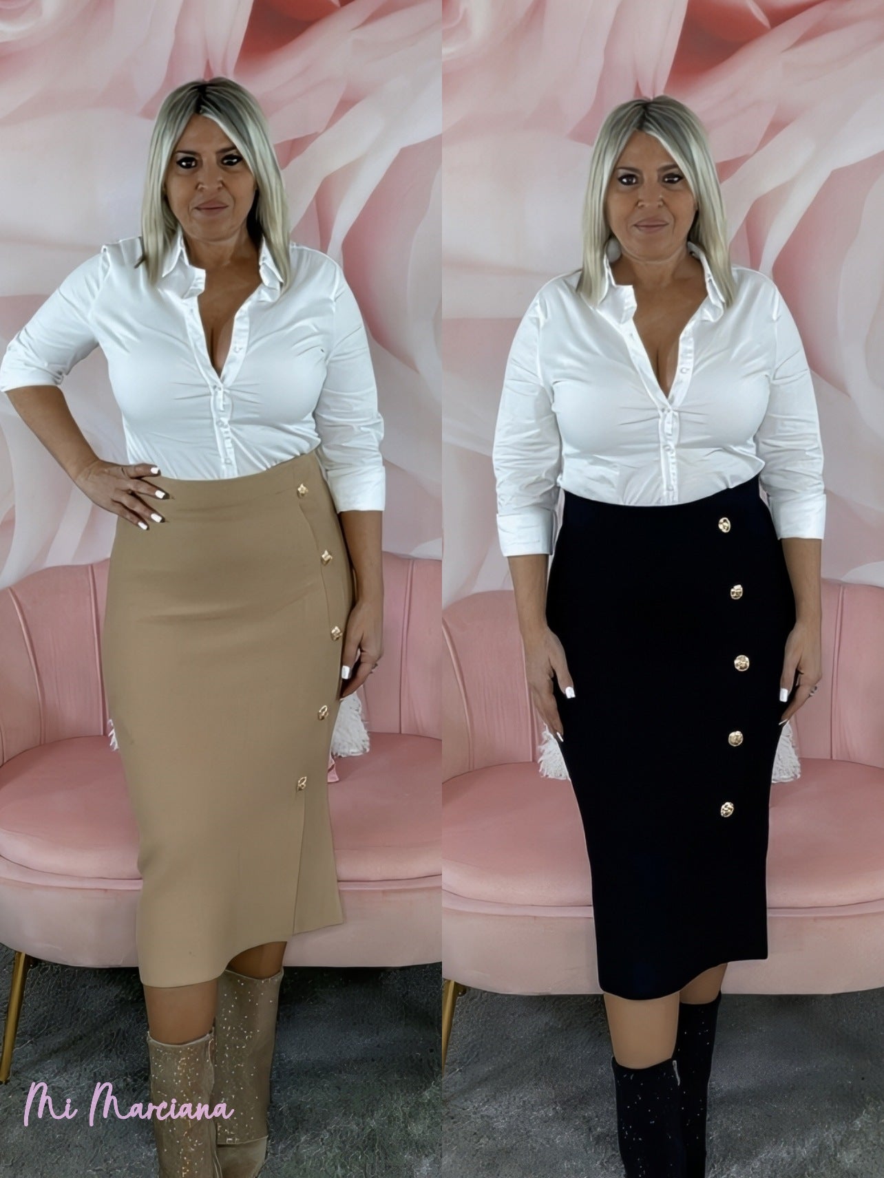 FALDA PUNTO MIDI BOTONES DORADOS - Mi Marciana