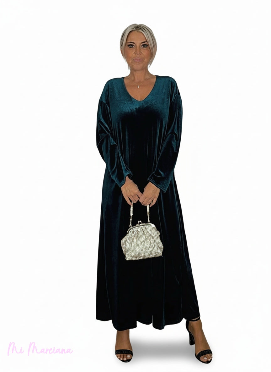 VESTIDO LONGO DE VELUDO COM DECOTE EM V