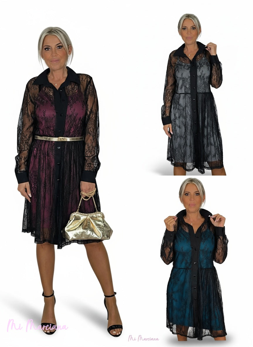 Vestido curto estilo camisa JOT com renda contrastante