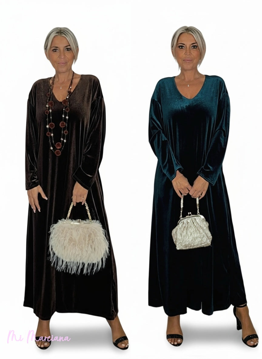 VESTIDO LONGO DE VELUDO COM DECOTE EM V