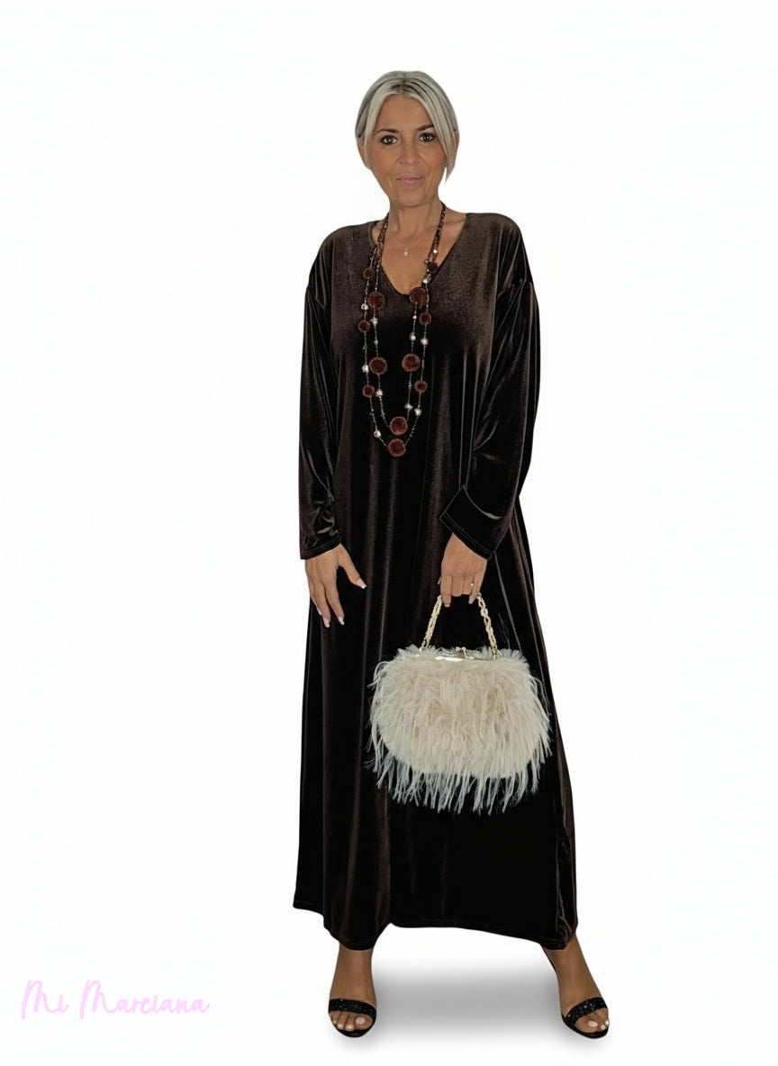 VESTIDO LONGO DE VELUDO COM DECOTE EM V