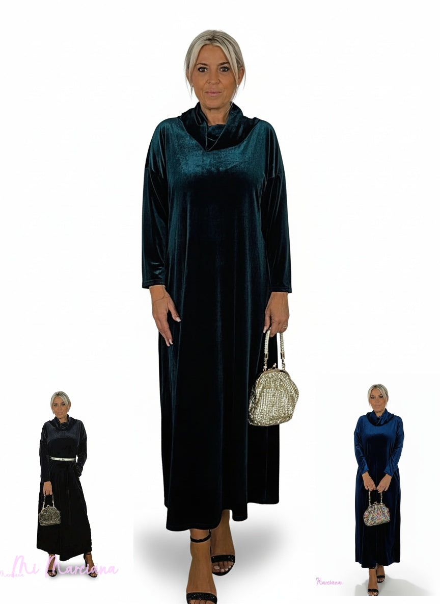 VESTIDO LONGO DE VELUDO COM DECOTE EM CASCATA JOT