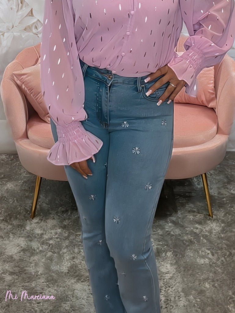 JEANS FLARE BORDADOS LILA - Mi Marciana