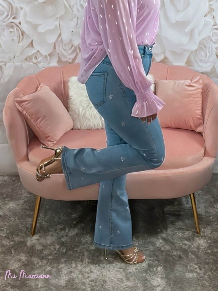 JEANS FLARE BORDADOS LILA - Mi Marciana