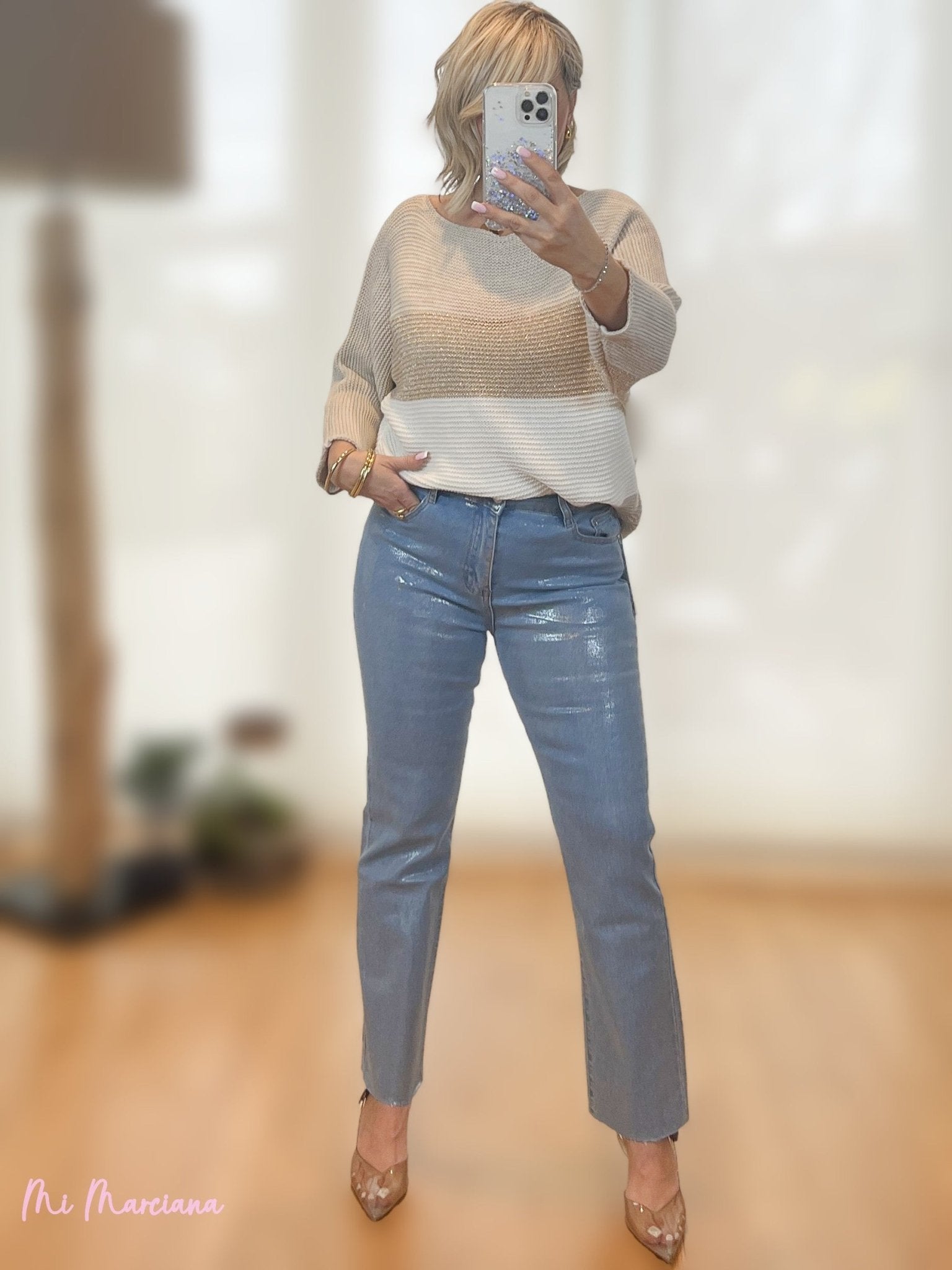 JEANS METALIZADO PLATA - Mi Marciana