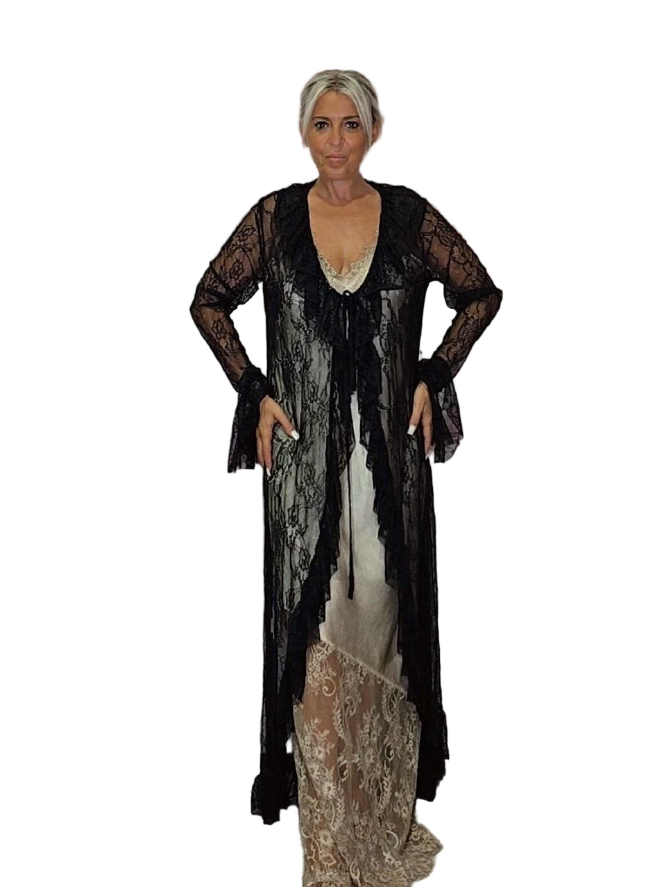 Kimono largo de encaje con volantes negro - Mi Marciana