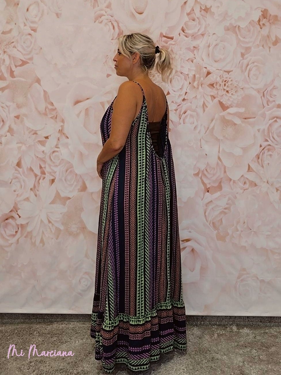 MAXI VESTIDO BAMBULA ÉTNICO VOLANTE MARINO - Mi Marciana