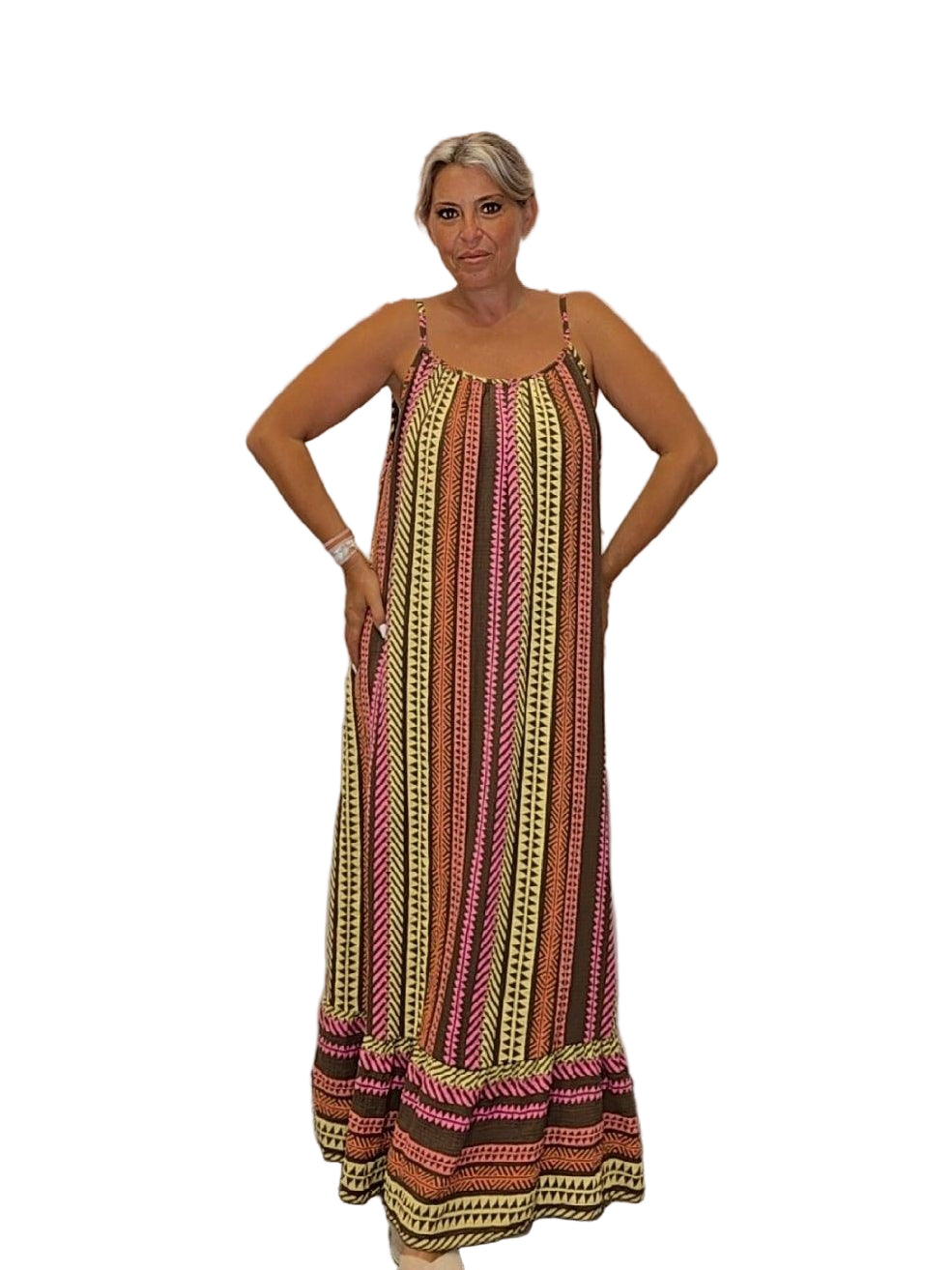 MAXI VESTIDO BAMBULA ÉTNICO VOLANTE MARRON - Mi Marciana