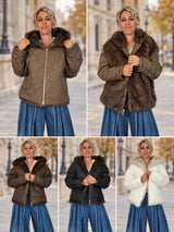 Chaqueta reversible con cara acolchada y de pelo, en taupe, café, negro y beige