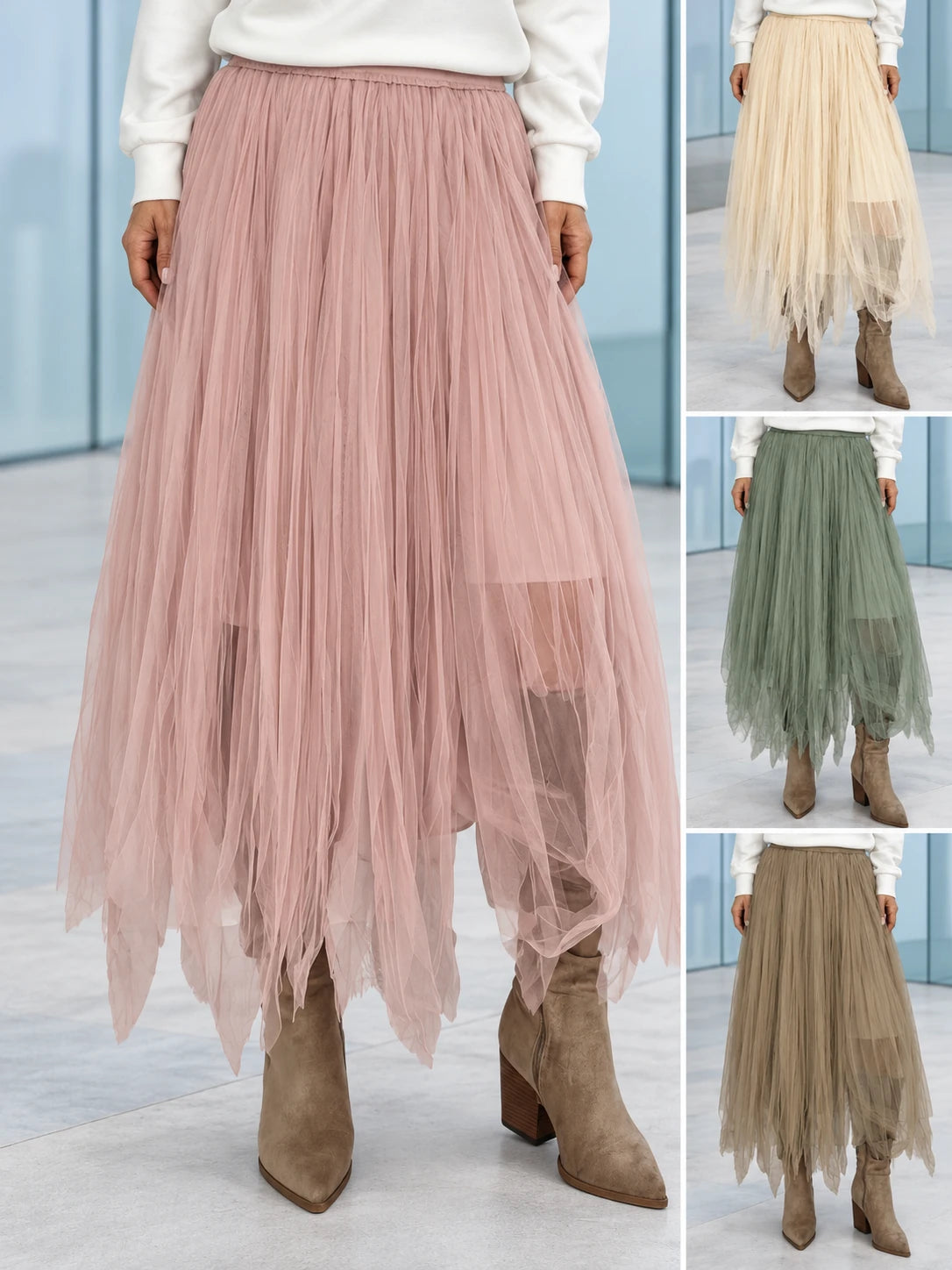 Falda larga tul picos en rosa, beige, verde y topo