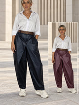 Pantalón Urban de polipiel cruzado en marino y burdeos