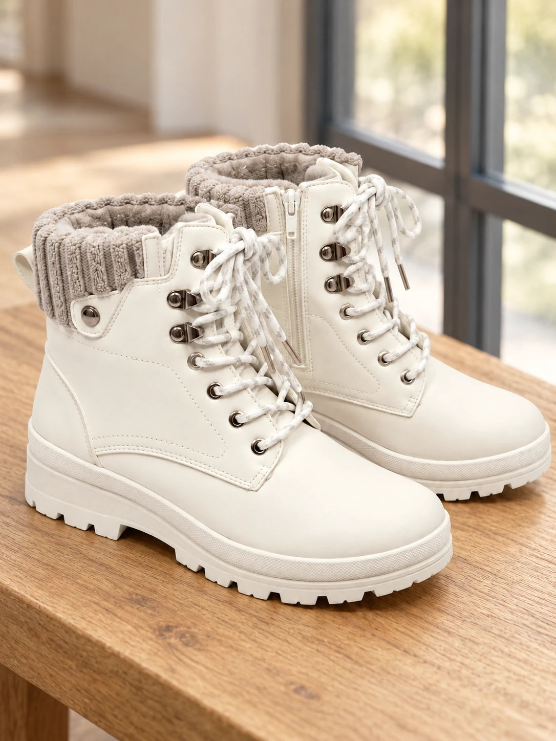 Botas Panamá blancas con cordones y cuello de punto sobre madera natural