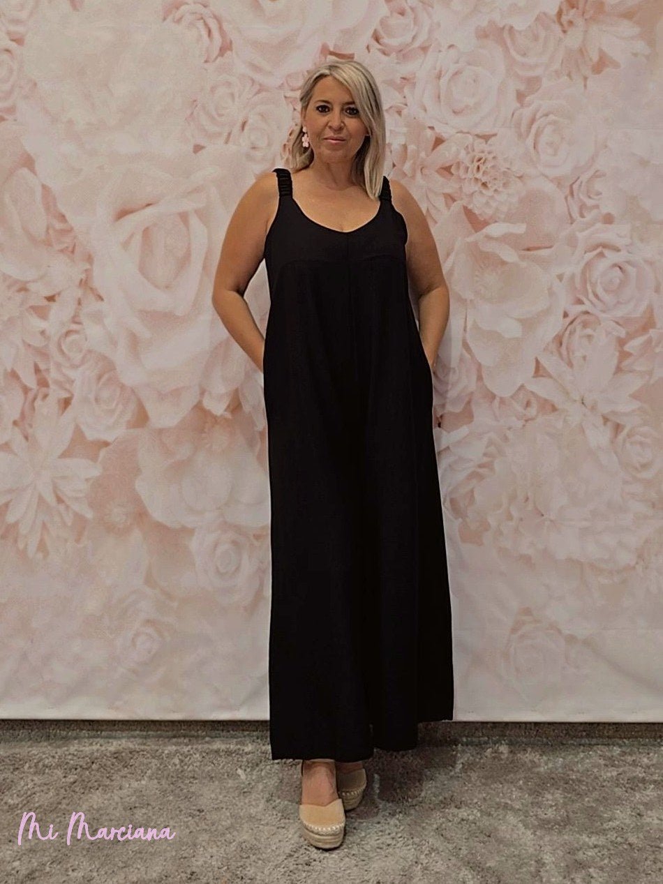 MONO ANCHO TIRANTE FRUNCIDO NEGRO - Mi Marciana