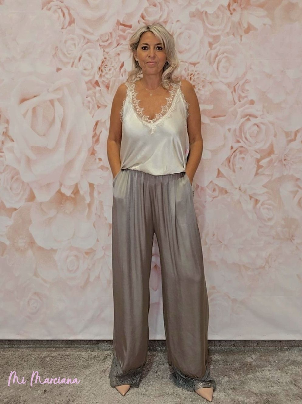 PANTALÓN SATÉN BAJO ENCAJE - Mi Marciana