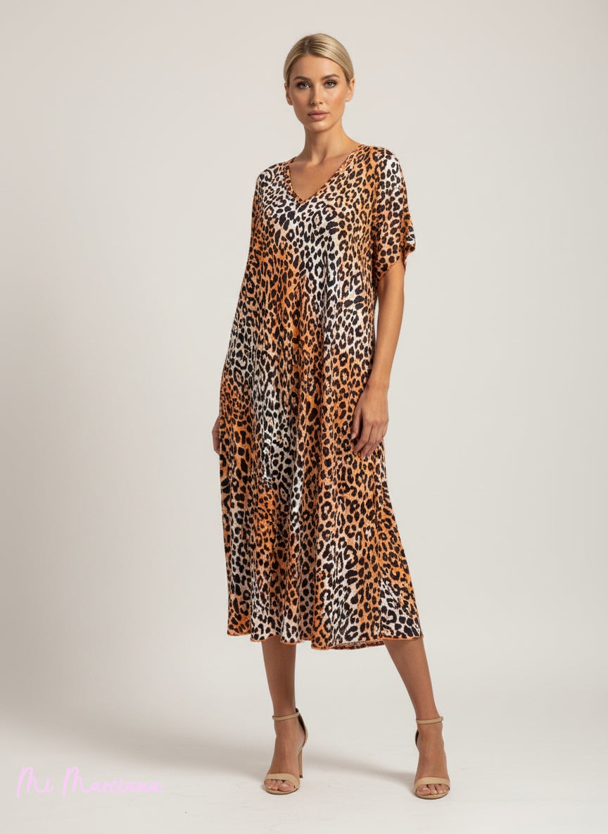 MAXI VESTIDO ANIMAL PRINT MANGAS GRAN VUELO