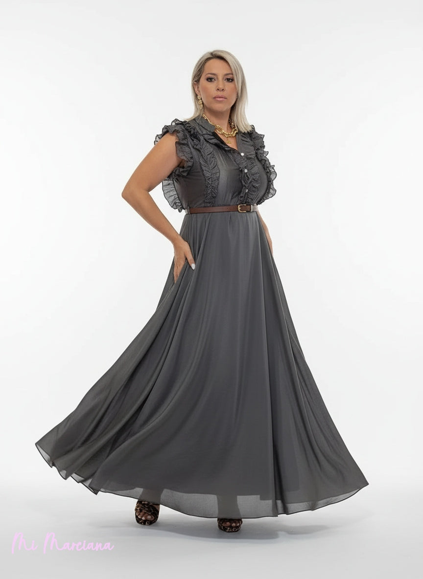 VESTIDO GASA TENCEL VOLANTES MARRÓN