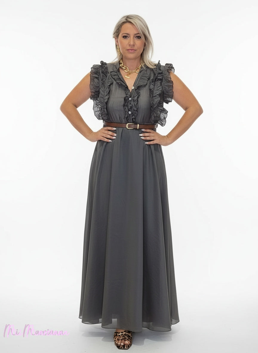 VESTIDO GASA TENCEL VOLANTES MARRÓN